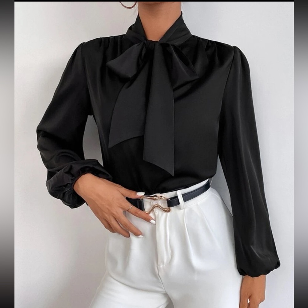 Classic Elegant Satin Tie Neck Work Office Top Blouse Shirt Black